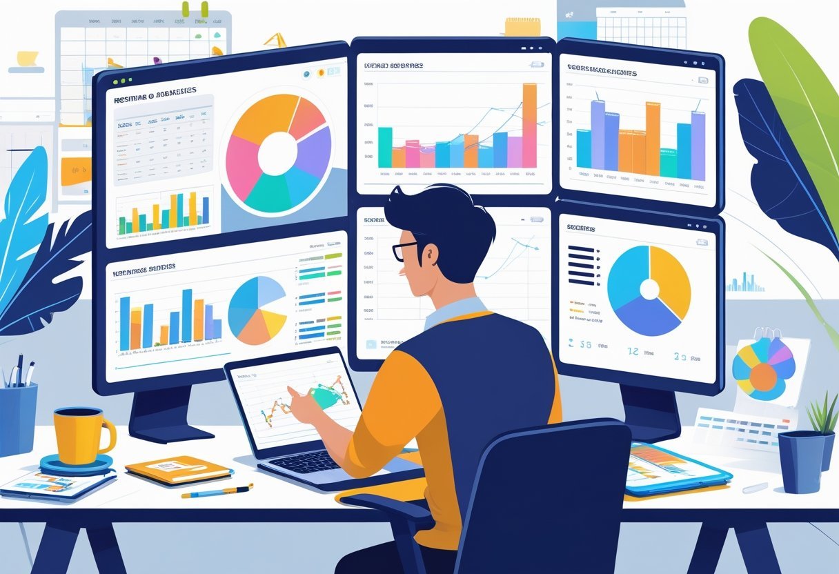 A person analyzing colorful charts and graphs on multiple digital screens at a modern office desk.