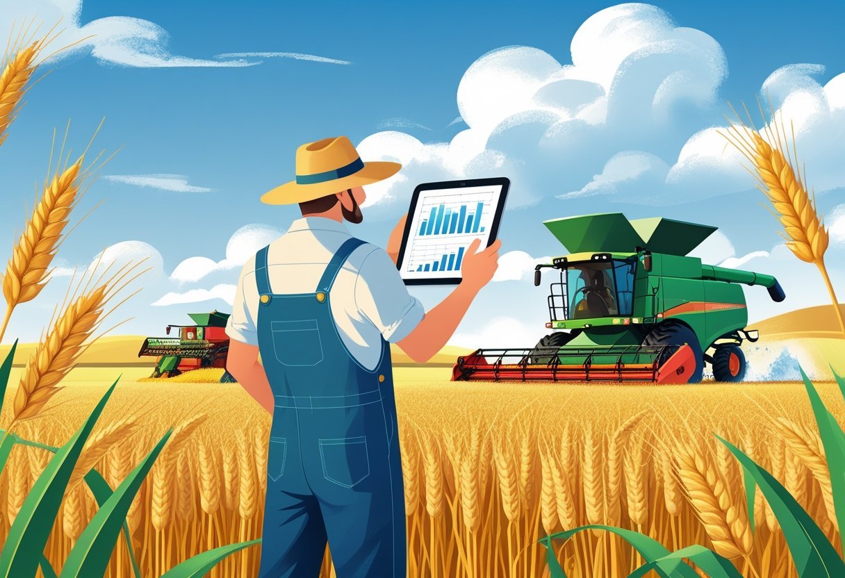 A farmer holding a tablet in a wheat field with a combine harvester working in the background during harvest time.