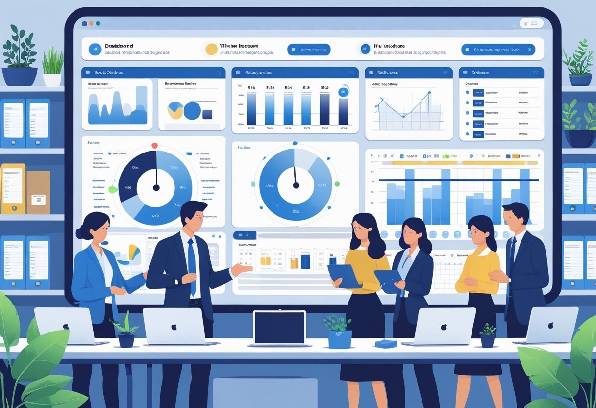 A group of professionals collaborating around a digital dashboard showing charts and time tracking data in a modern office setting.