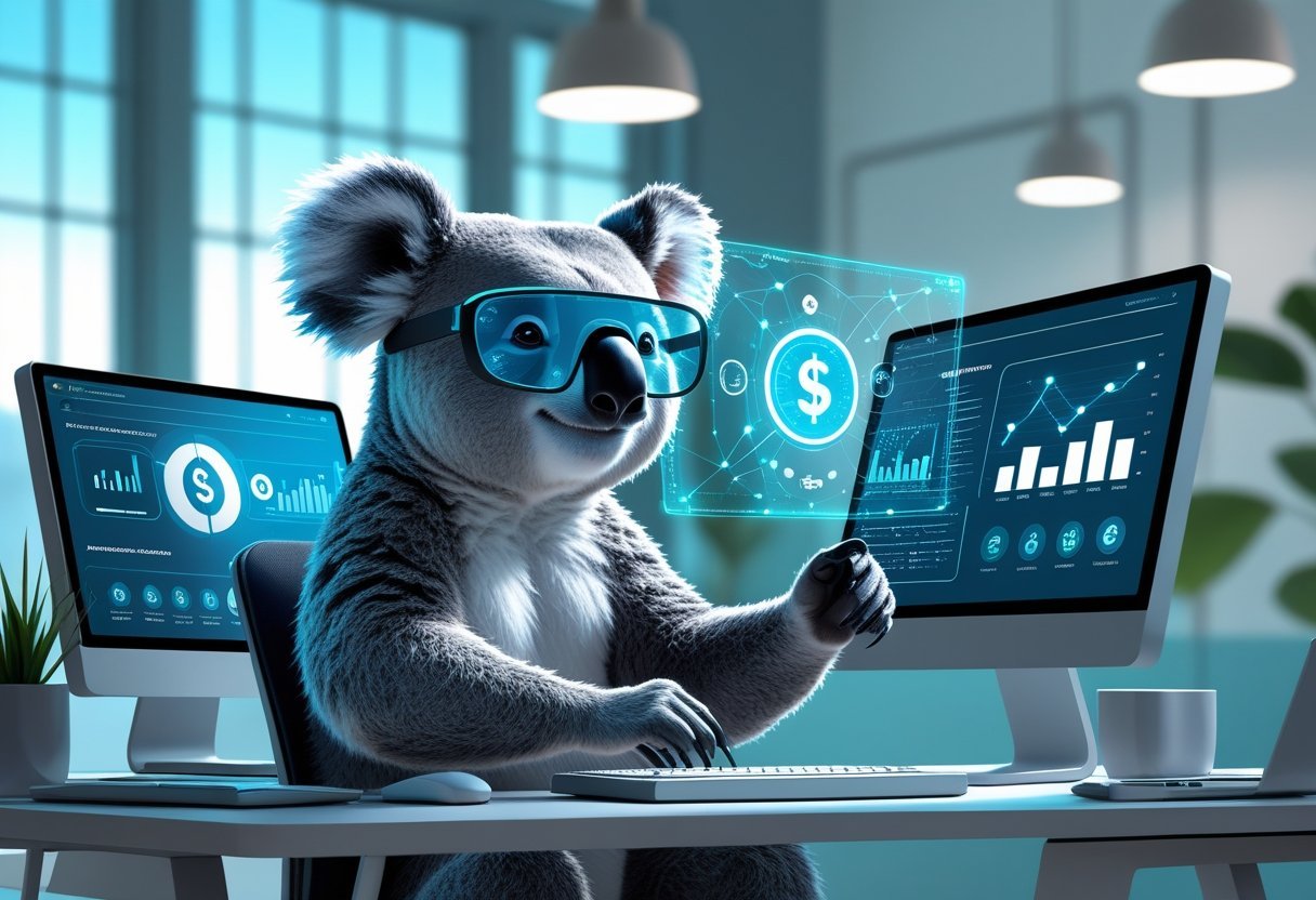A koala using advanced technology at a desk with digital screens showing marketing data and charts.