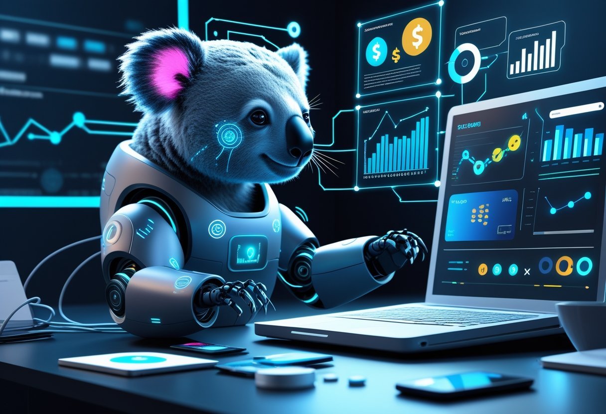 A futuristic koala robot interacting with digital screens showing graphs and marketing icons in a modern workspace.