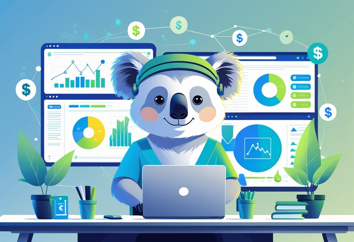 A koala wearing a headset working at a desk with digital screens showing graphs and network connections, surrounded by icons representing affiliate marketing.