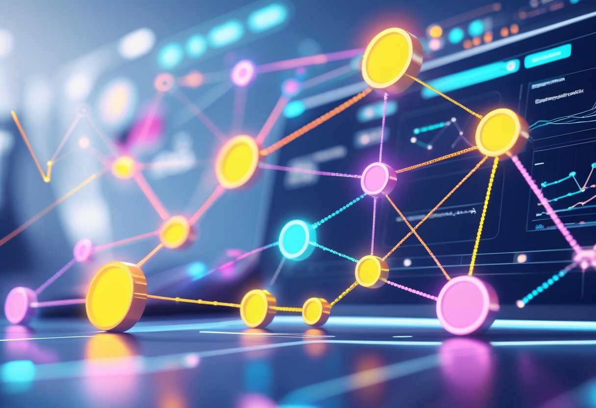 A digital network of interconnected website nodes with bright links symbolizing high-quality backlinks, surrounded by subtle data graphs and analytics icons.