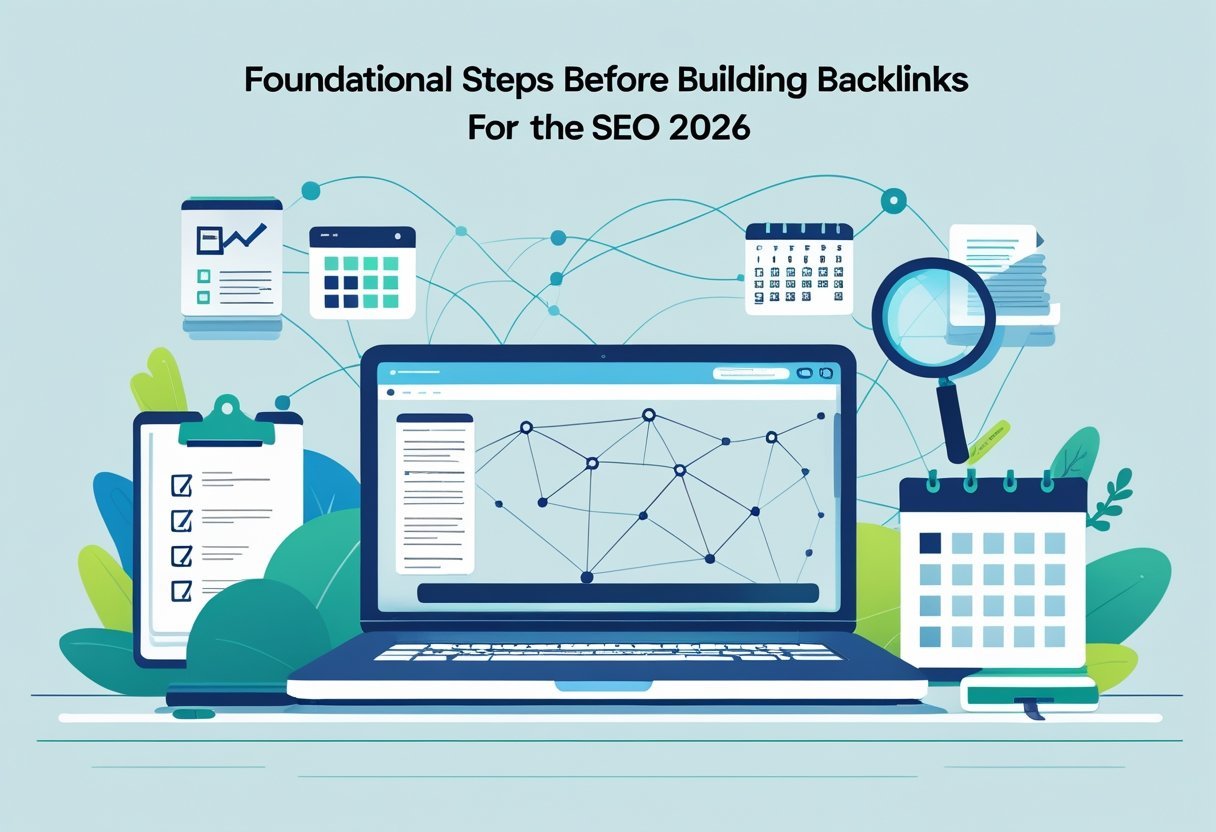 A workspace showing a laptop with a network graph, a checklist, magnifying glass, and calendar representing preparation steps before building backlinks.