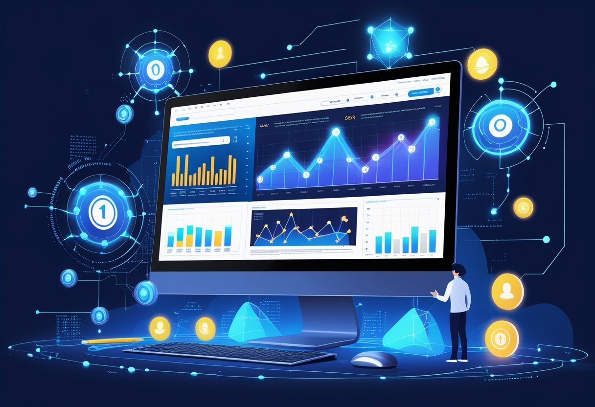 A computer screen showing rising web analytics surrounded by digital AI elements and data streams representing increased web traffic through artificial intelligence.