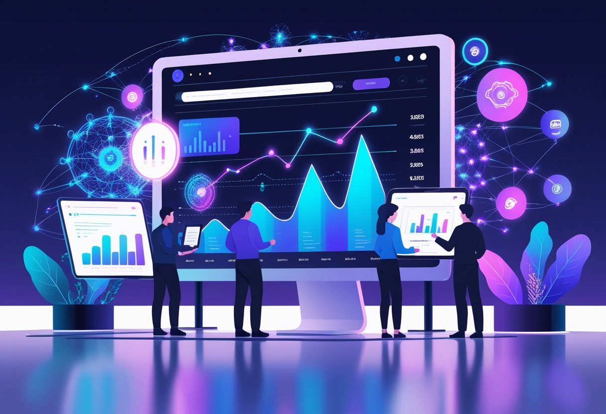 A team working with AI technology at a computer displaying rising web traffic data and digital content elements.