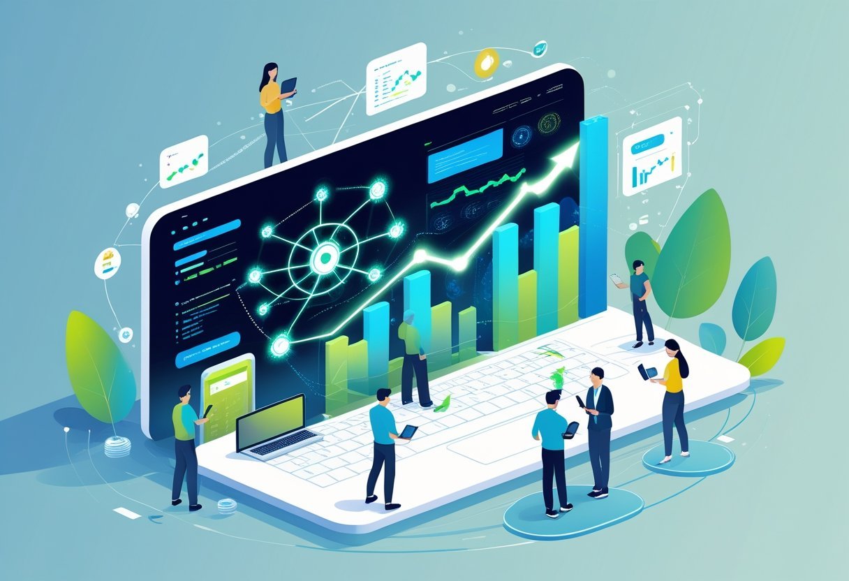 A digital interface surrounded by diverse people using different devices, with glowing data streams and charts representing increased web traffic and AI-driven user engagement.