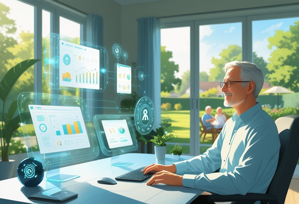 A person sitting at a desk with holographic AI data screens, with a peaceful home and garden visible in the background where family members relax.
