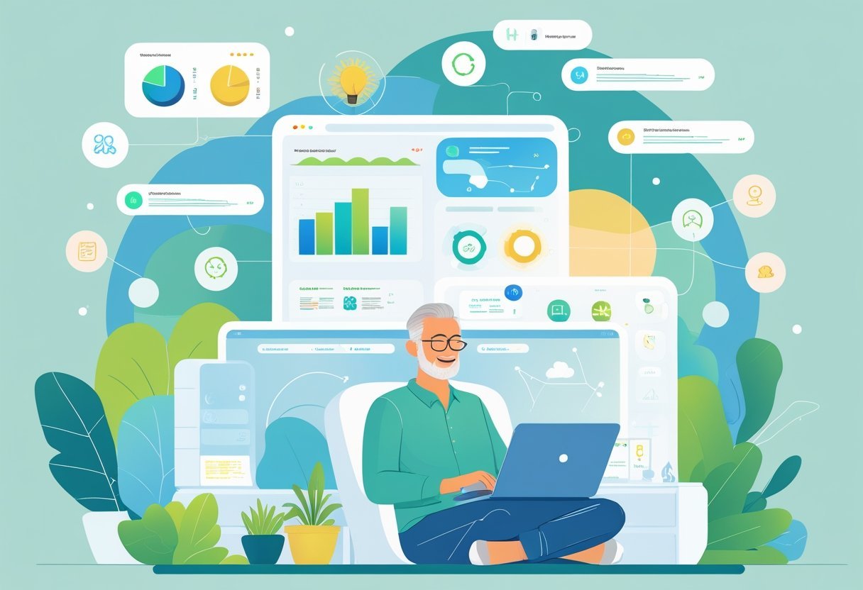 A person working on a laptop surrounded by floating AI interface elements in a cozy home office with a window showing a sunny garden.