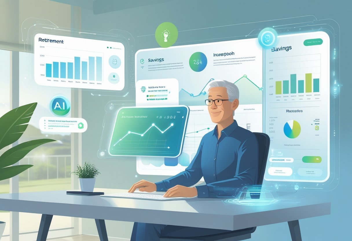 A person using a futuristic digital interface for retirement planning, with charts and icons representing savings and investments, set against a background suggesting a peaceful retirement.