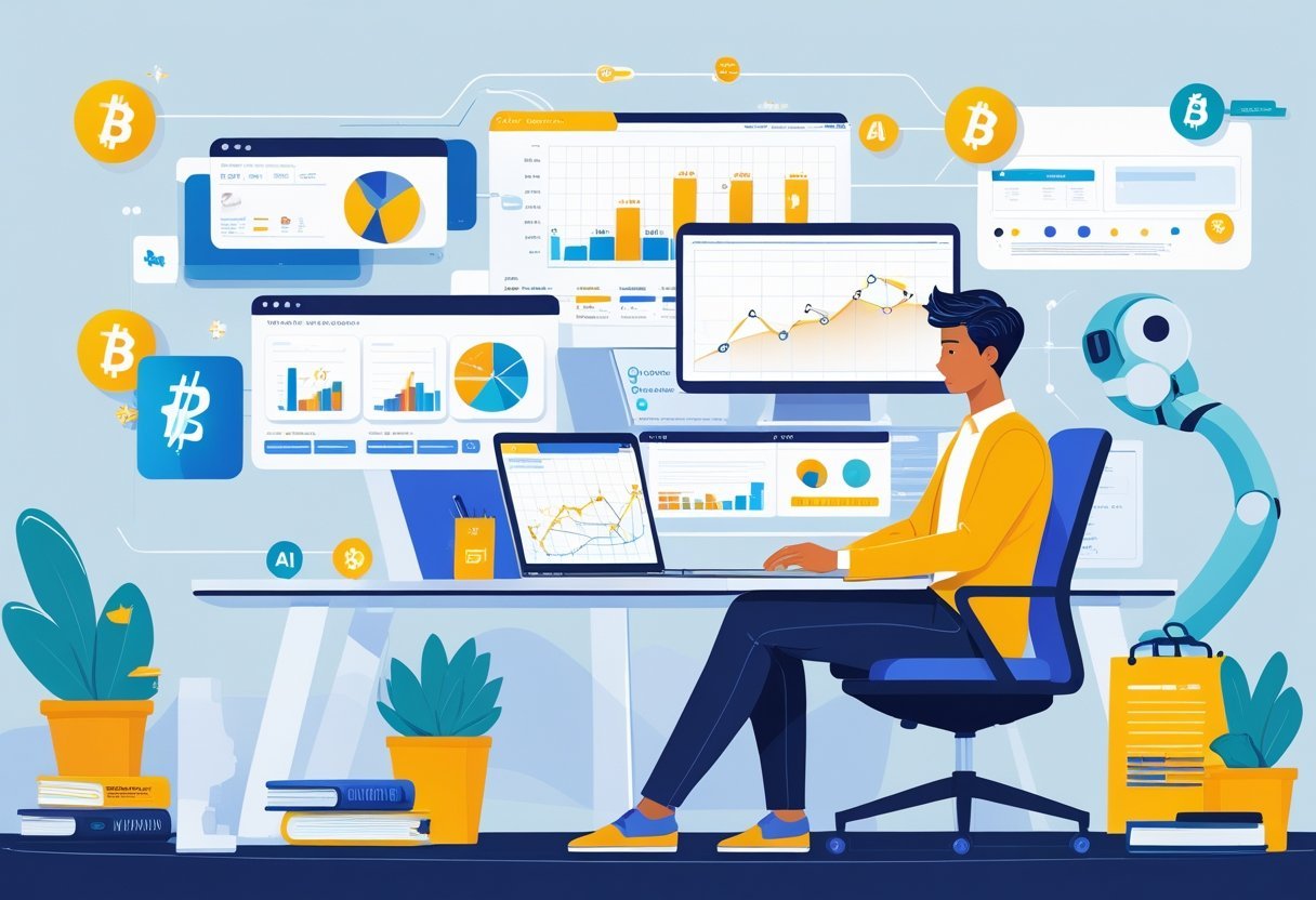 A person working at a desk with multiple screens showing AI data and charts, surrounded by symbols of different income sources in a modern office setting.