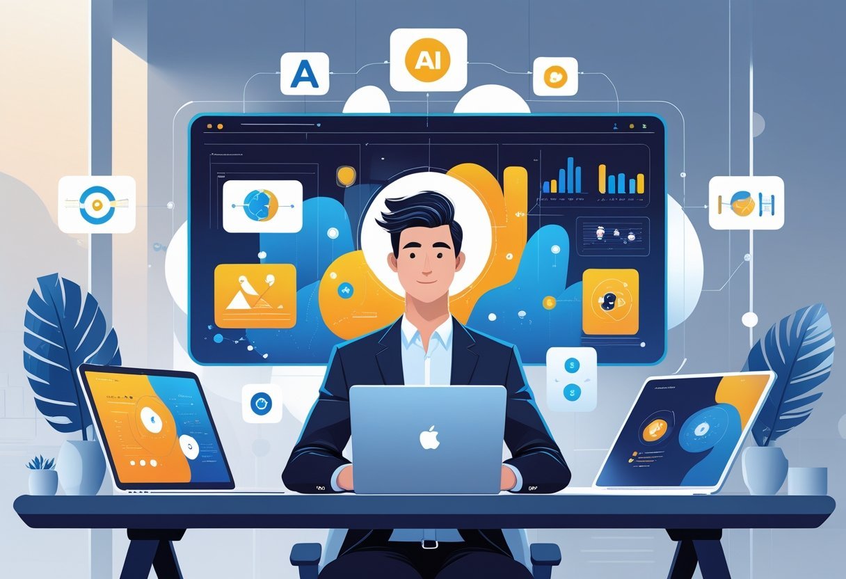 A person working at a desk with multiple digital devices displaying AI-related icons and graphs in a modern office setting.