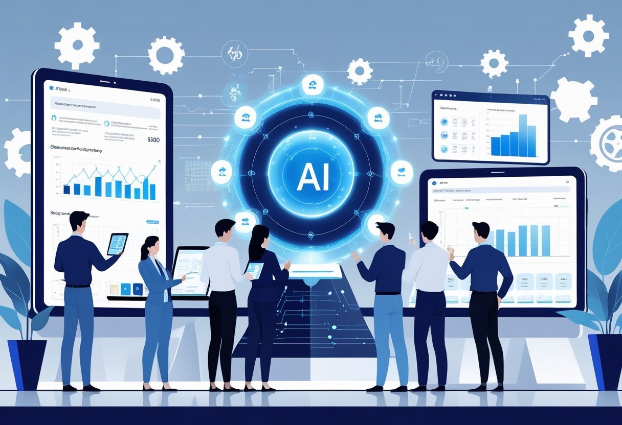 An office scene showing business professionals interacting with a glowing AI holographic interface displaying workflow charts and data streams, symbolizing automation and AI-driven business processes.