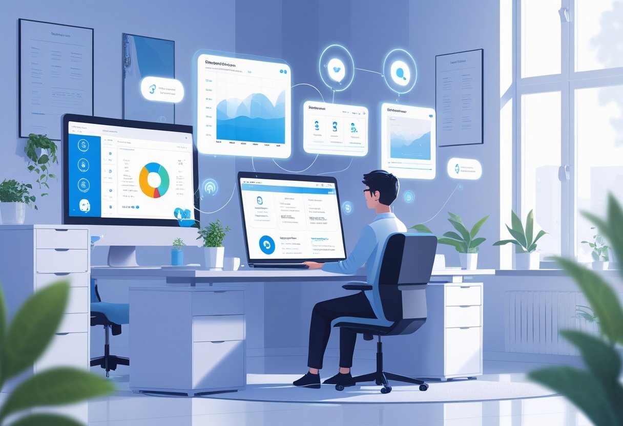 A person working at a desk surrounded by digital screens and floating icons representing AI tools that help with tasks and organization.