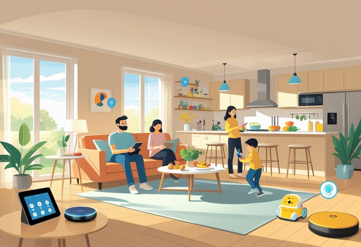 A family enjoying a comfortable home with smart AI devices like a voice assistant, automated lighting, and a robotic vacuum cleaner working around them.
