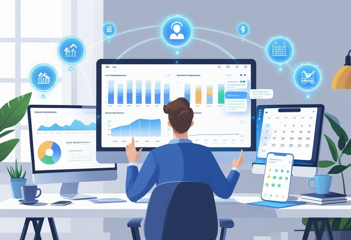 A person using a laptop and smartphone surrounded by floating icons representing organization, finance, and shopping in a bright, tidy workspace.