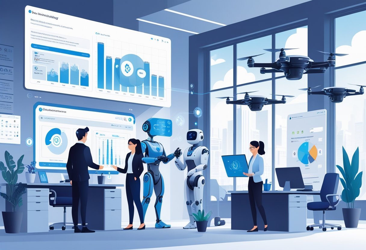 A modern office with people interacting with AI technologies like holographic assistants, robotic arms, augmented reality glasses, and drones flying outside.