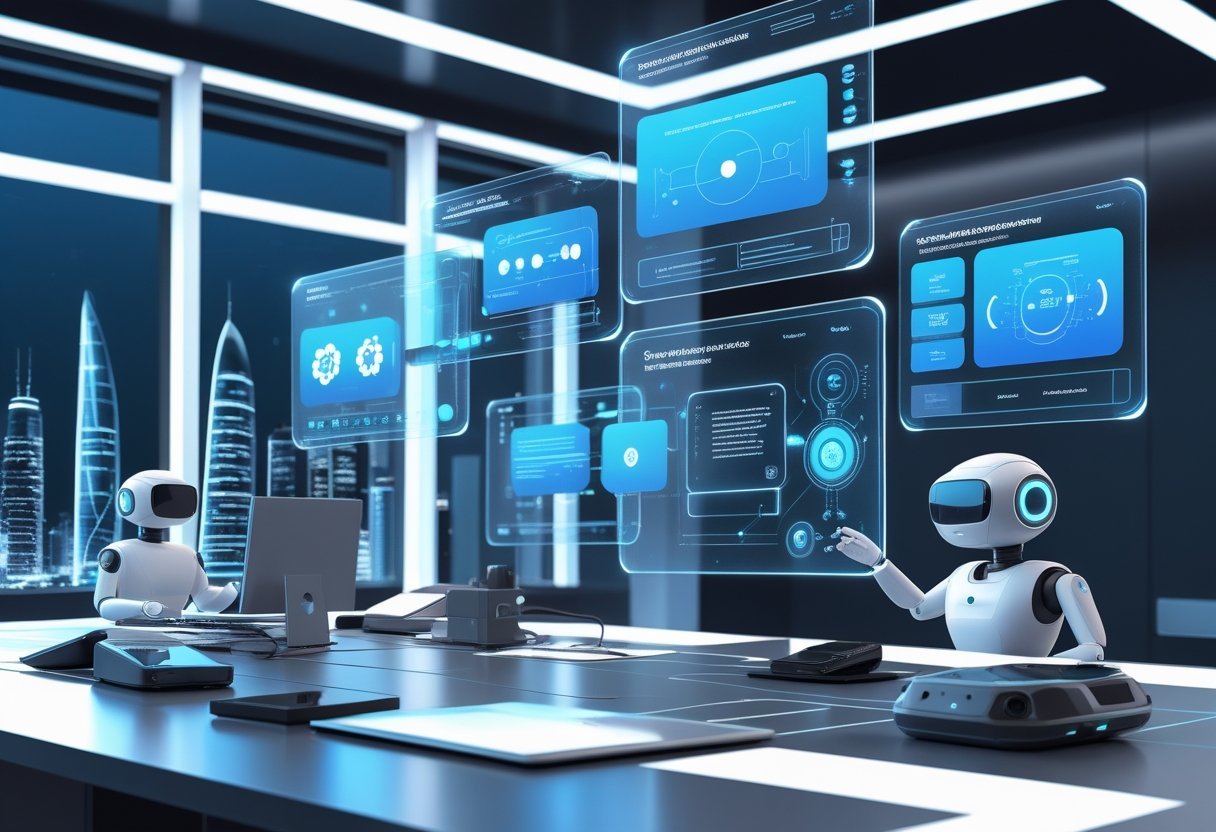 A modern workspace with floating holographic screens showing AI interfaces, surrounded by AI-powered devices like a robot assistant, drone, and smart glasses, with a futuristic city visible outside large windows.