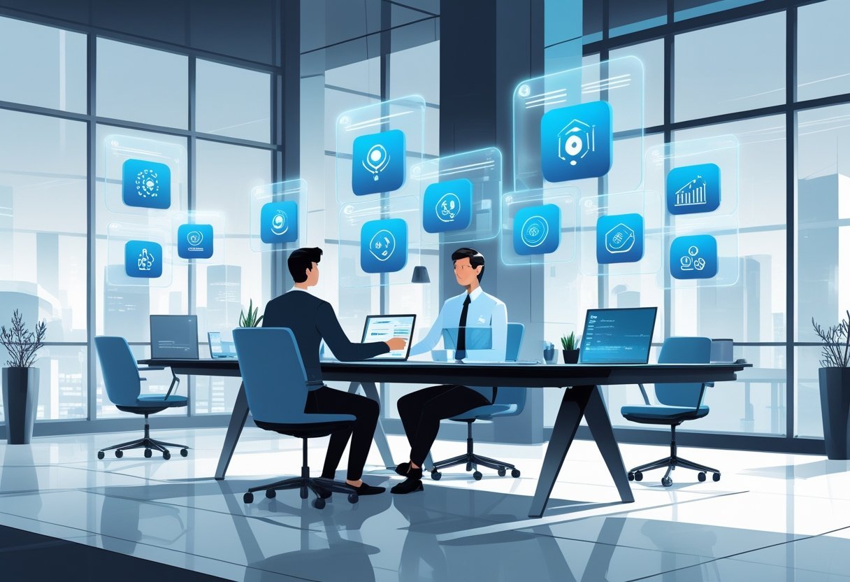 A modern office with a person using multiple holographic AI tools floating around them, set against a futuristic cityscape background.