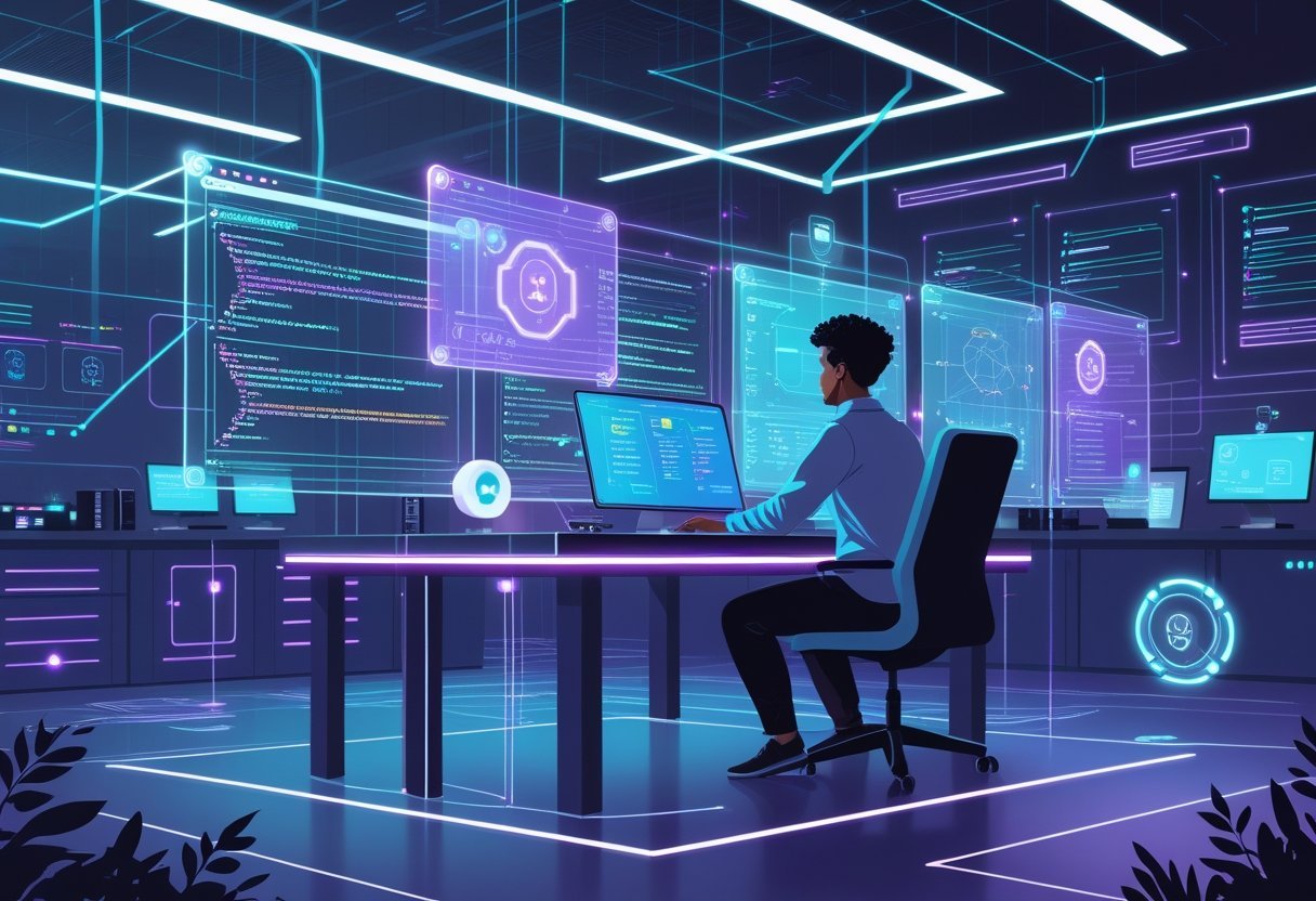 A developer working at a desk surrounded by holographic screens showing AI code, language models, and integration diagrams in a high-tech office environment.