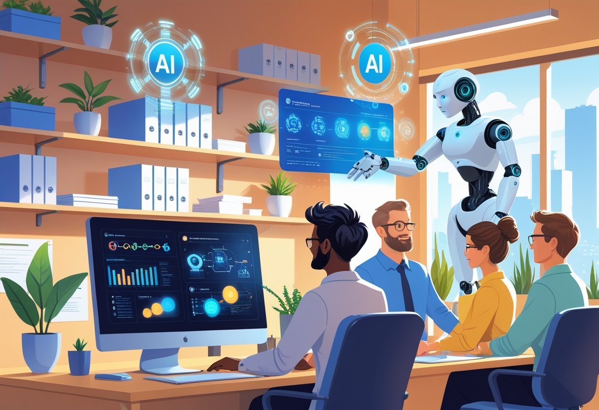 A small business office where people use AI technology and robots to automate tasks and improve work efficiency.