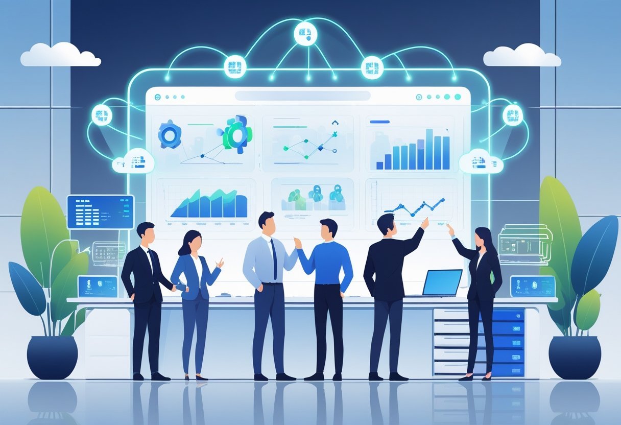 A group of professionals interacting with a digital interface showing AI, data analytics, and financial charts indicating reduced technology costs in a modern office.