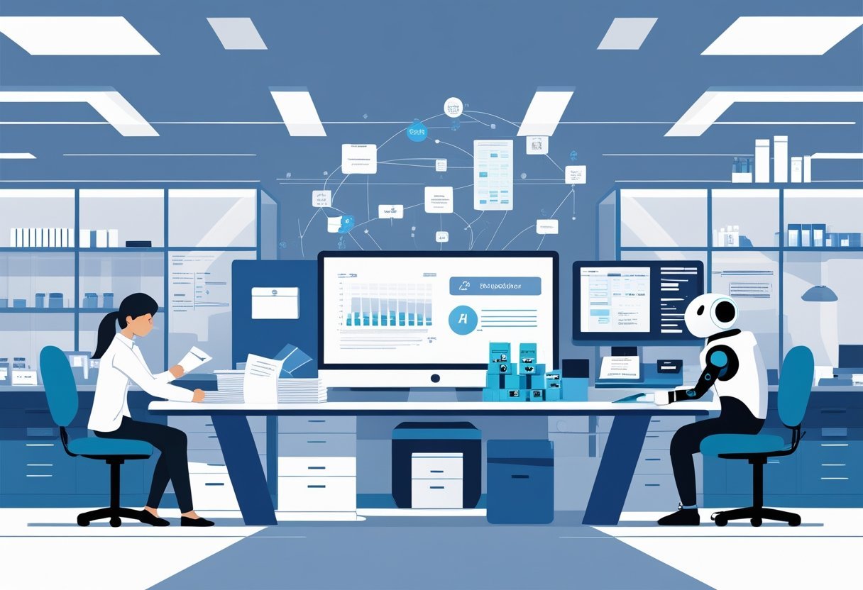 A small business office showing a worker doing manual tasks on one side and AI-powered machines automating work on the other side.