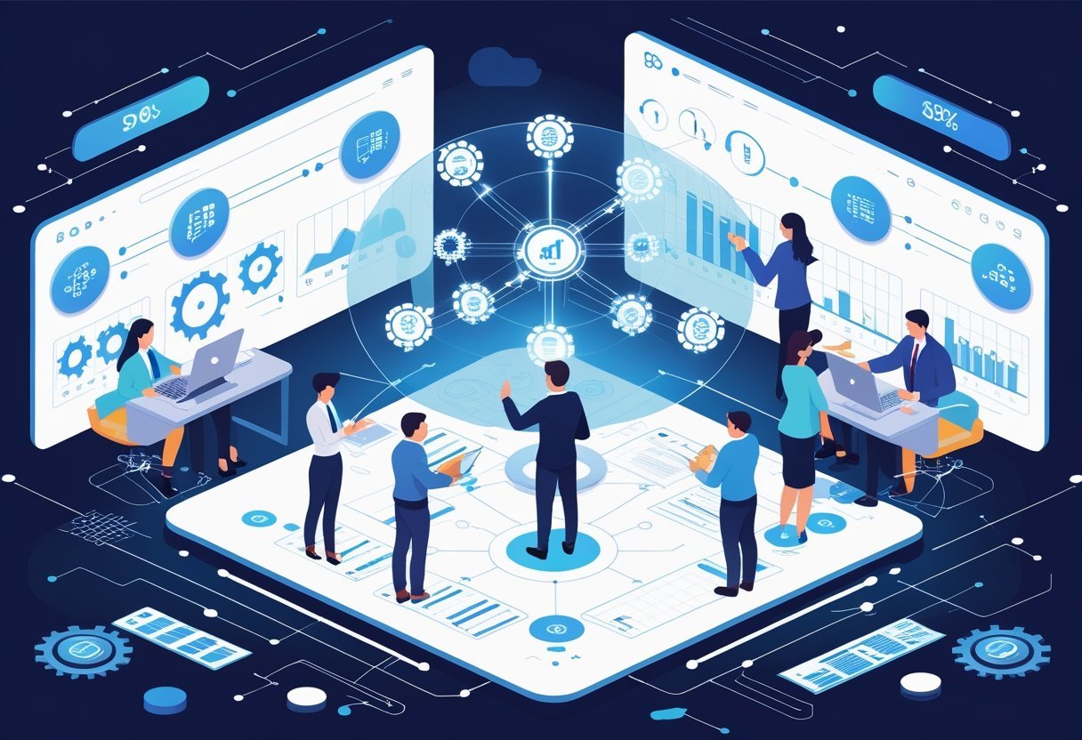 A group of professionals working together around a holographic AI interface showing icons of cost reduction and data analysis in a modern office.