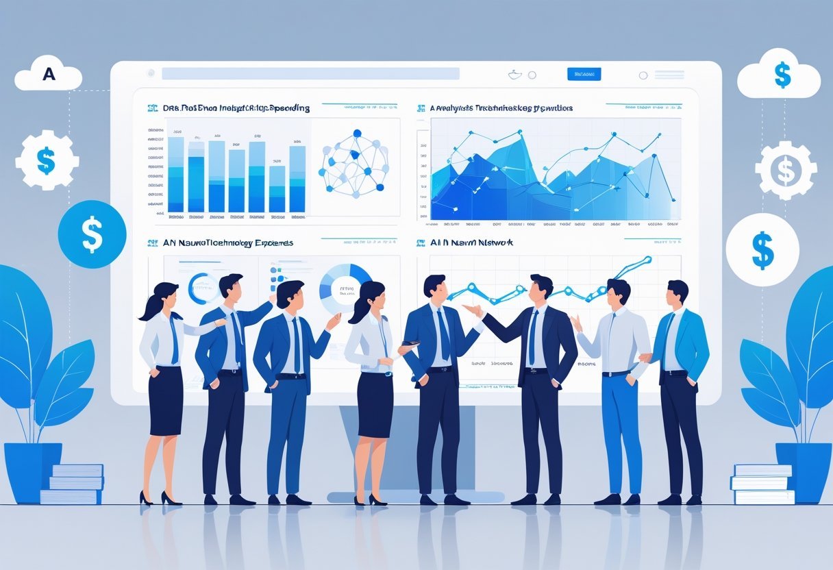 A group of business professionals analyzing digital charts and AI patterns on a large transparent screen in an office, illustrating teamwork and technology spending optimization.