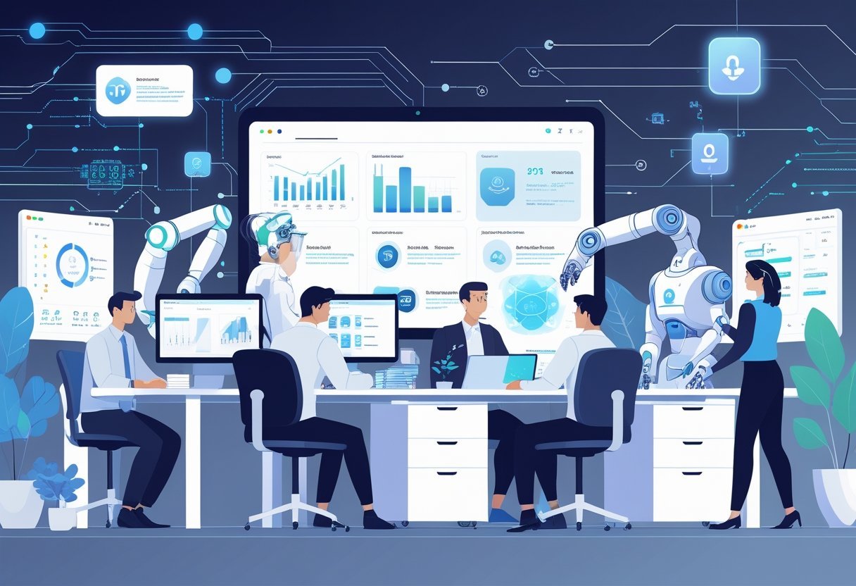 A small business office where people use AI tools and robots to automate tasks, showing a collaborative and efficient work environment.