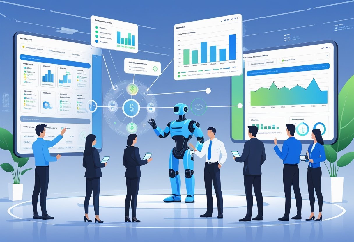 Business professionals reviewing digital screens with vendor data and AI analytics to improve vendor selection and control costs.