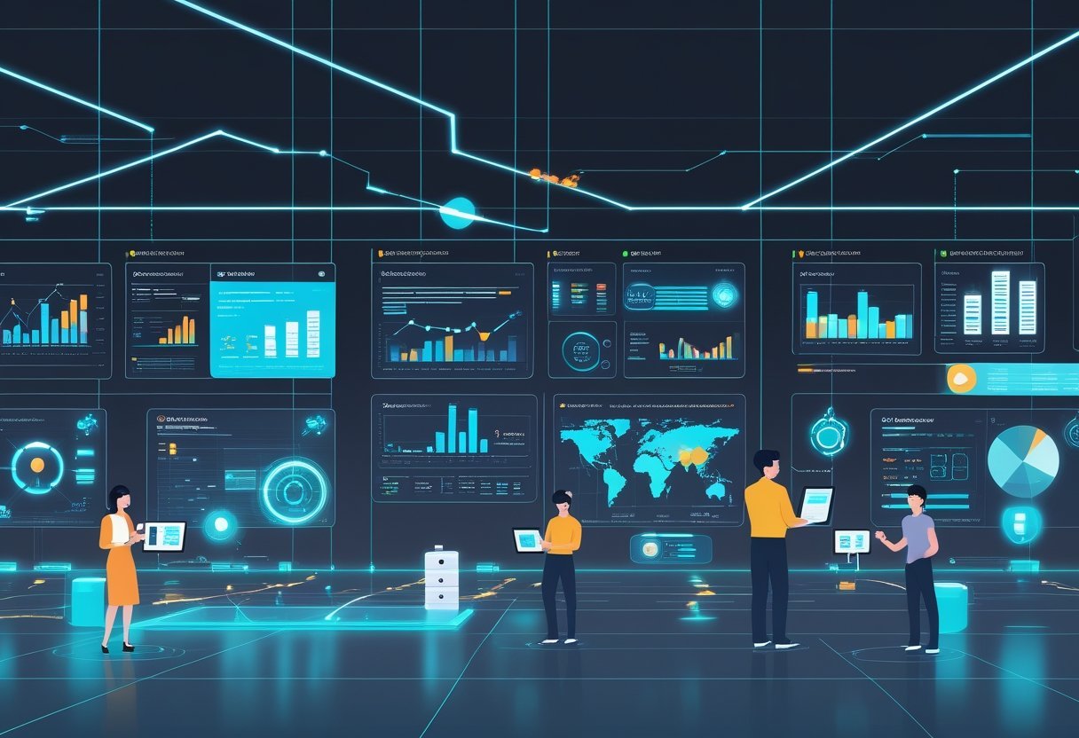 An office scene showing teams from Finance, Operations, and IT working with AI technology, including digital charts, robots, and computer monitors displaying data.