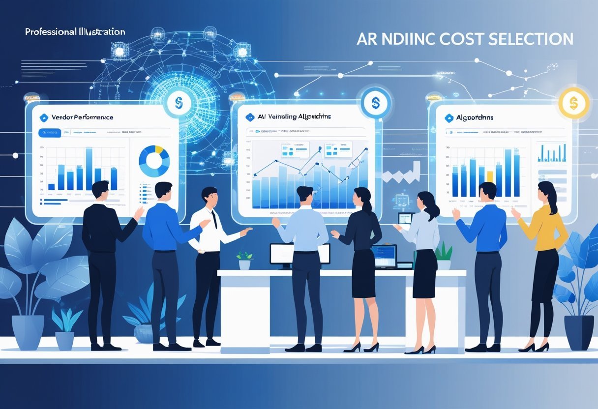 A team of professionals reviewing digital data and charts on transparent screens in an office, with abstract AI elements in the background representing technology and cost control.