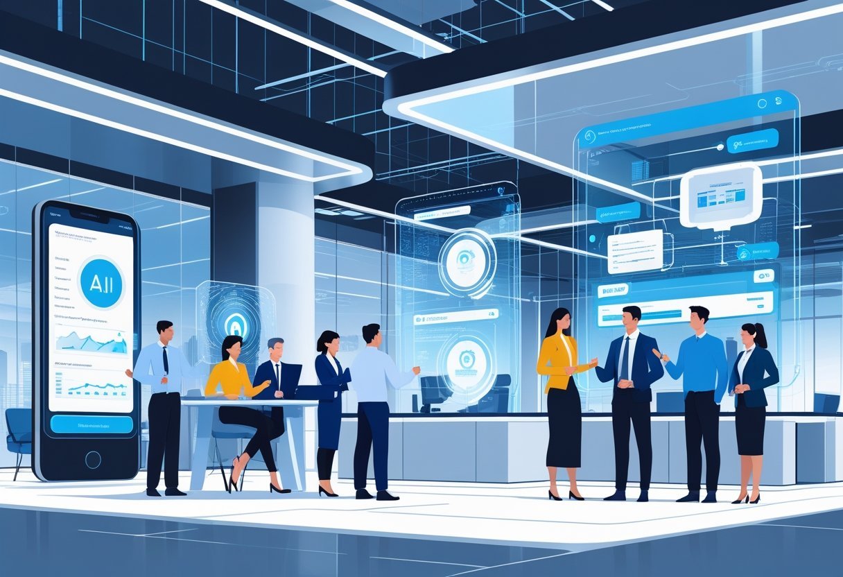 A modern office scene showing finance, operations, and IT professionals working together with AI technology displayed on digital screens and holograms.