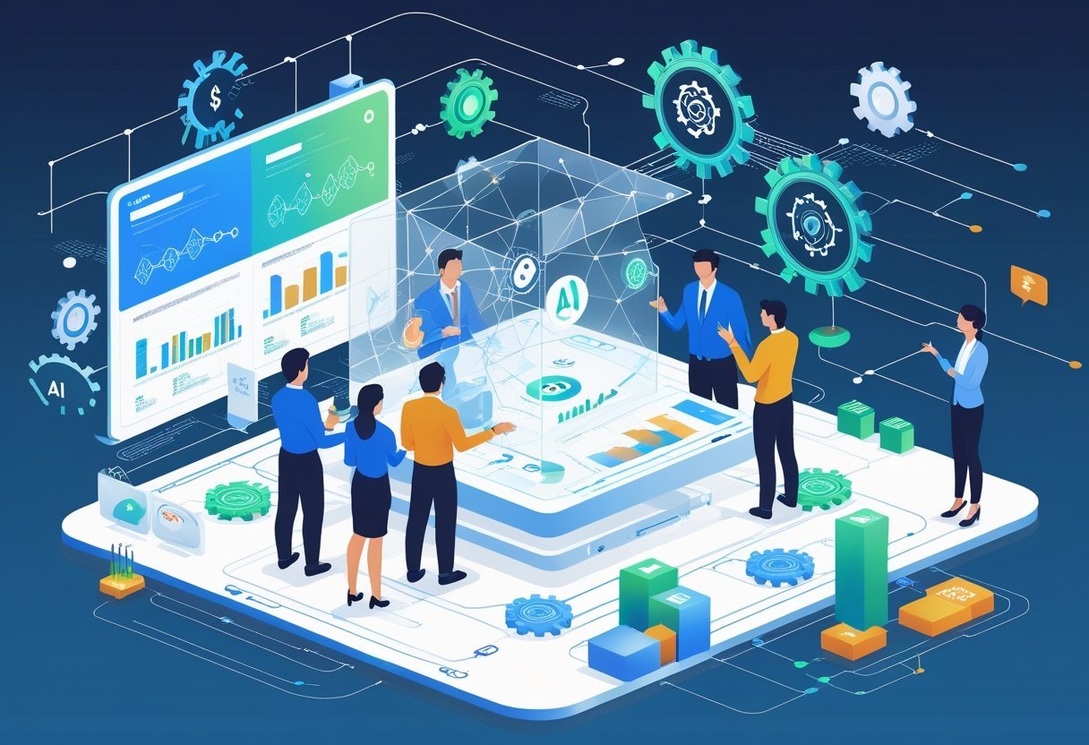 A modern office scene showing professionals collaborating with digital interfaces and holographic charts representing AI-driven data and operations across finance, operations, and IT teams.