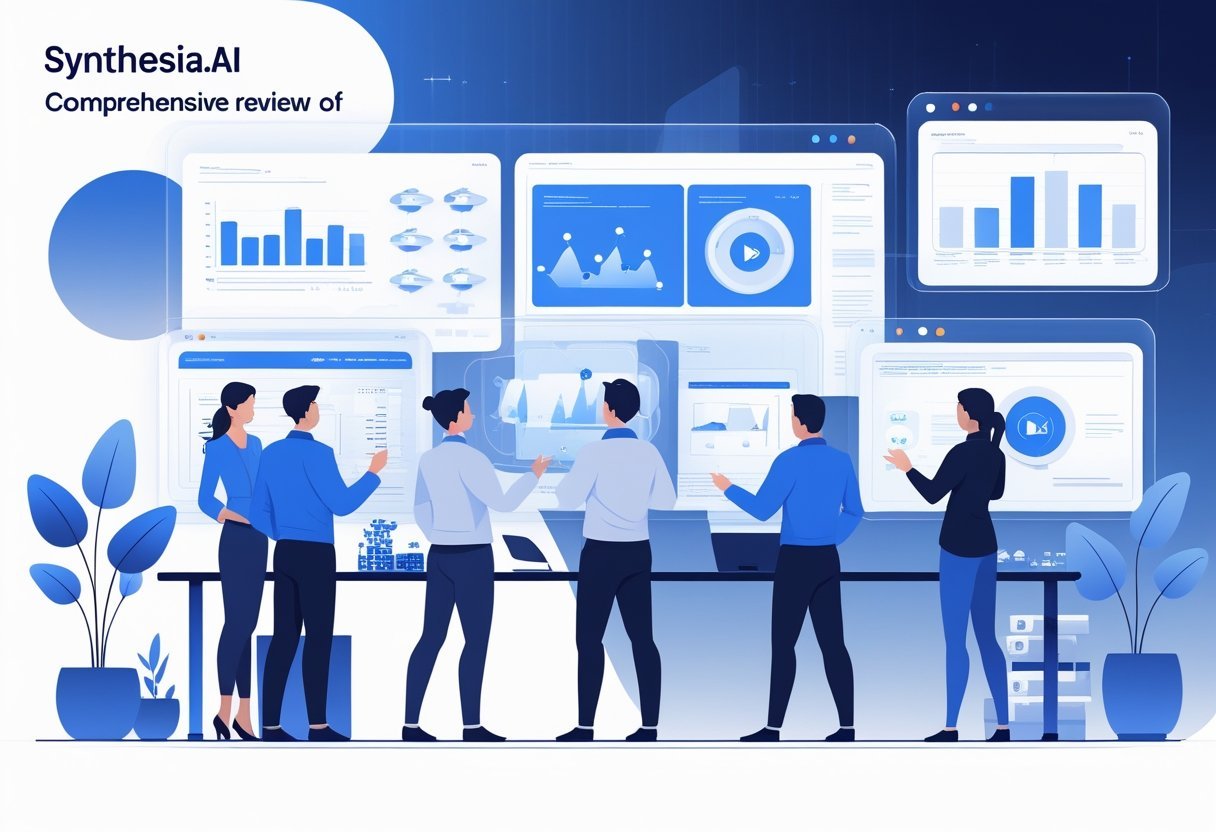 A group of professionals analyzing holographic screens showing charts and AI-generated avatars in a modern digital workspace.