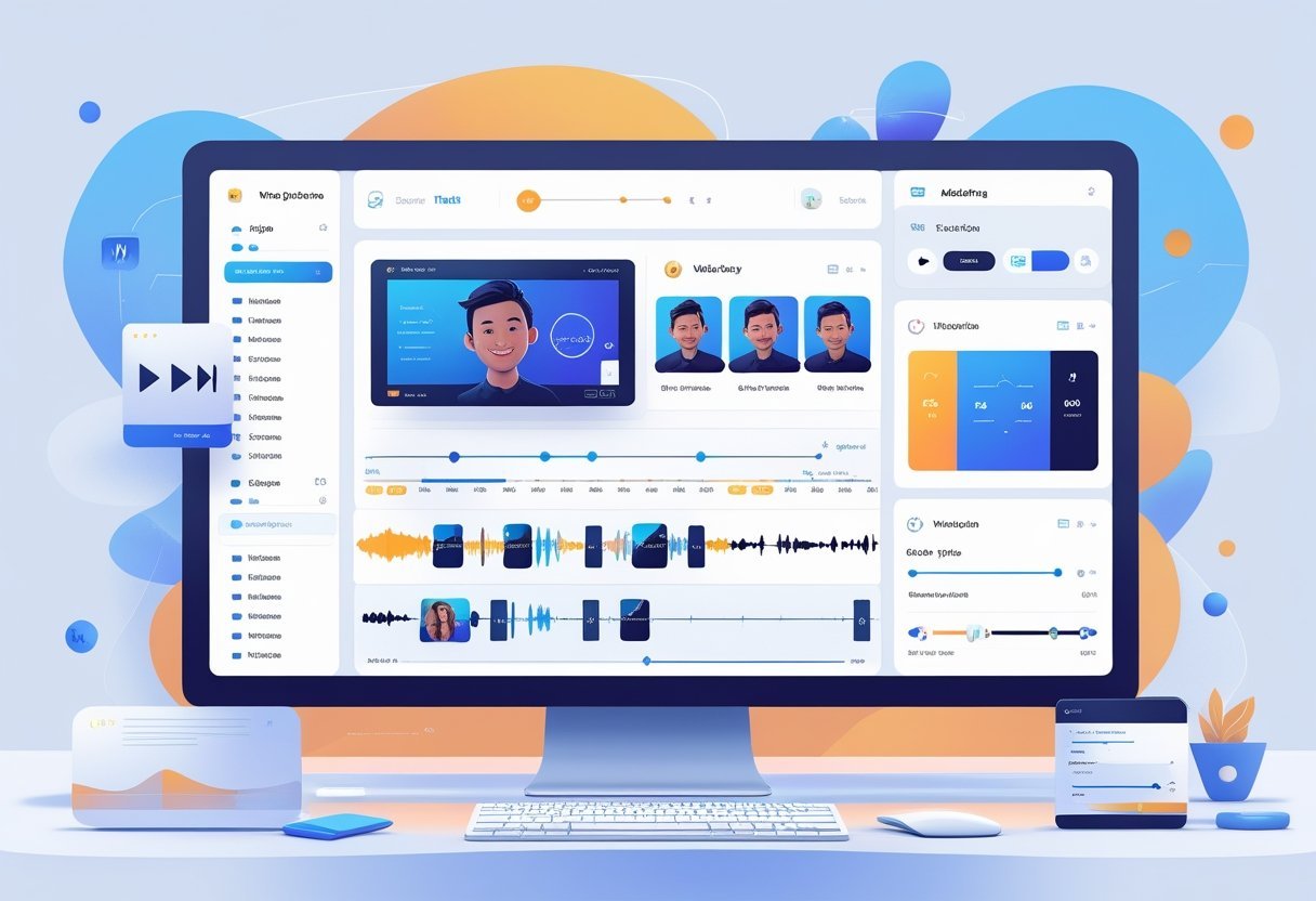 A computer screen showing a video editing interface with a digital avatar speaking, surrounded by editing tools and controls.