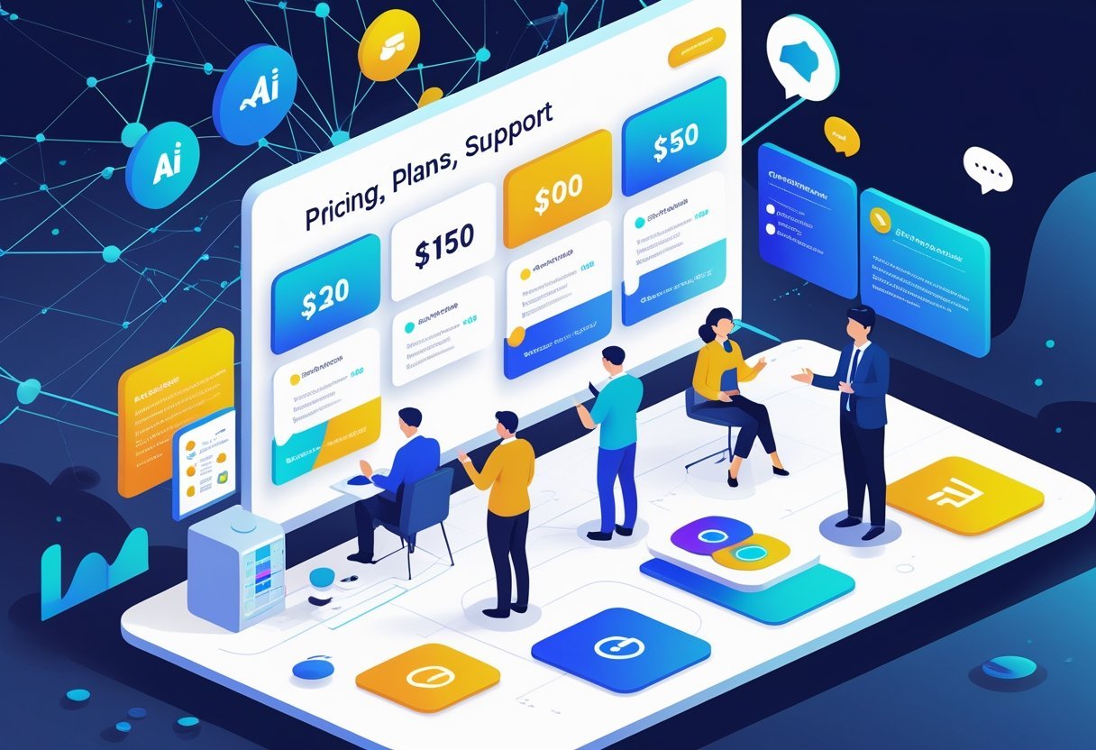 A team of professionals reviewing pricing plans on a digital dashboard while a support agent assists a client, with abstract AI elements in the background.