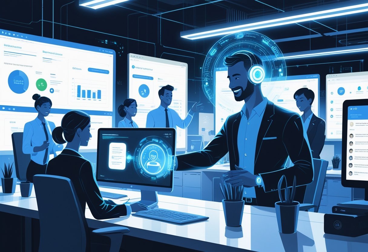 A modern office where customer service agents interact with a glowing AI assistant through live chat on computer screens.