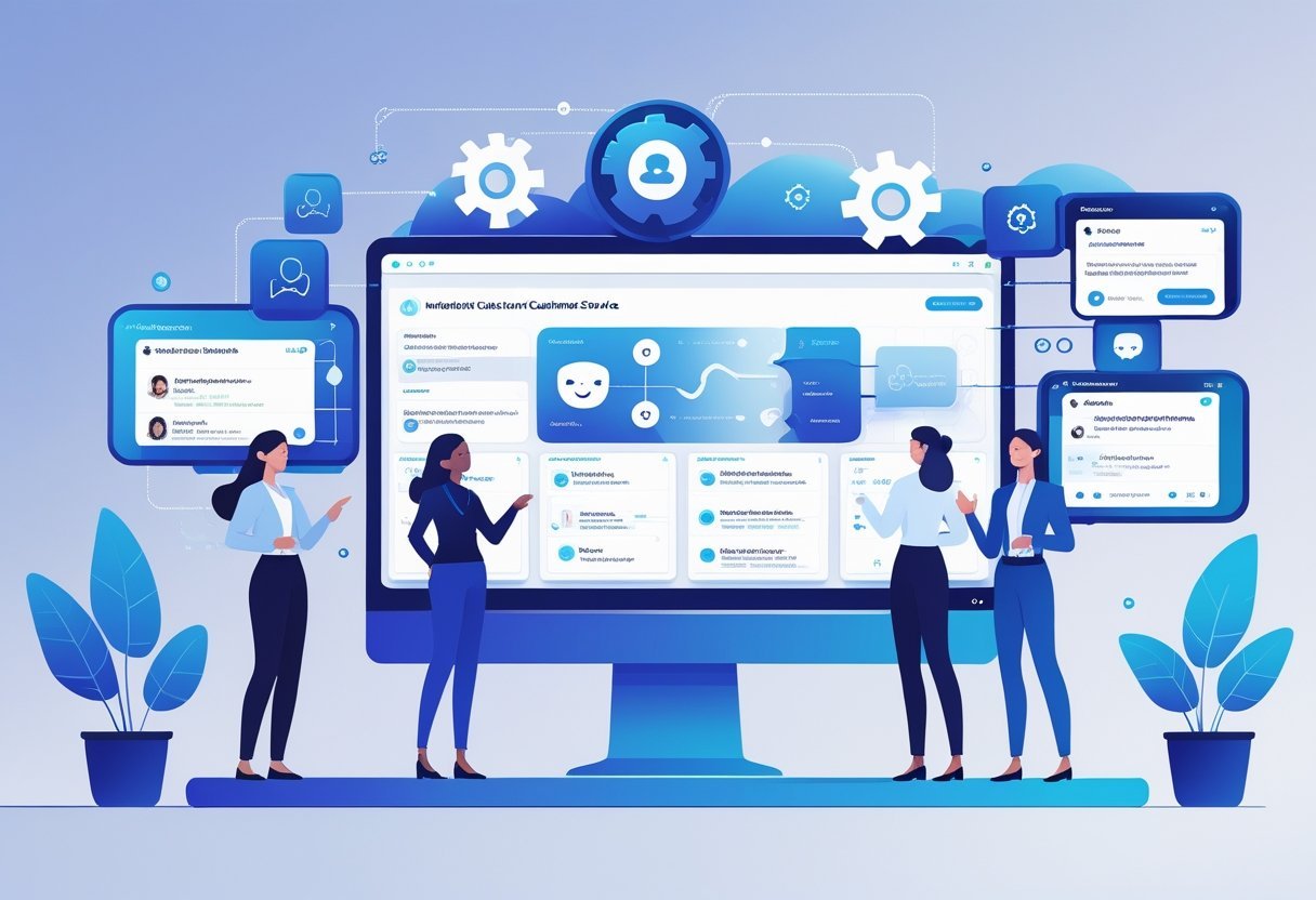 A digital dashboard showing AI chatbot integration with customer service agents interacting with holographic screens in a modern office setting.