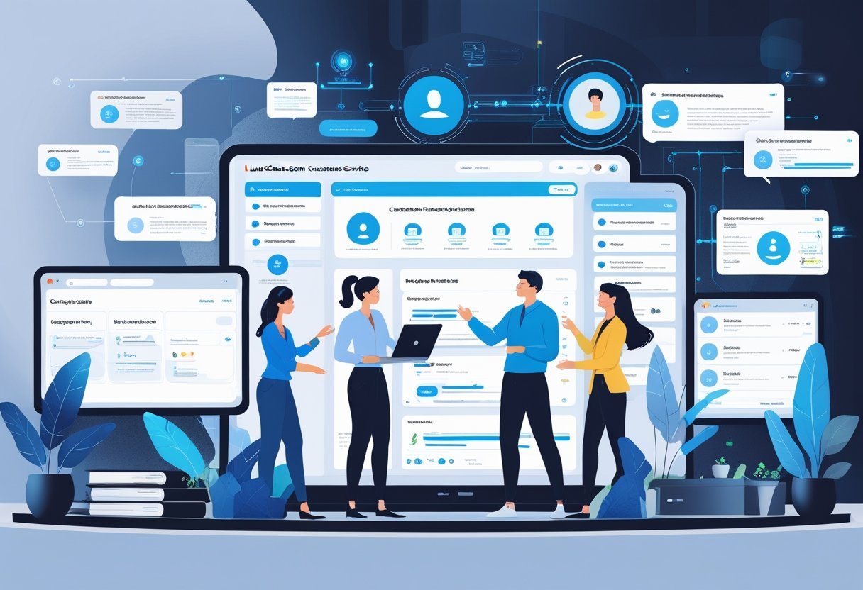 A group of professionals working together in an office, using digital devices to implement and onboard AI technology for customer service.