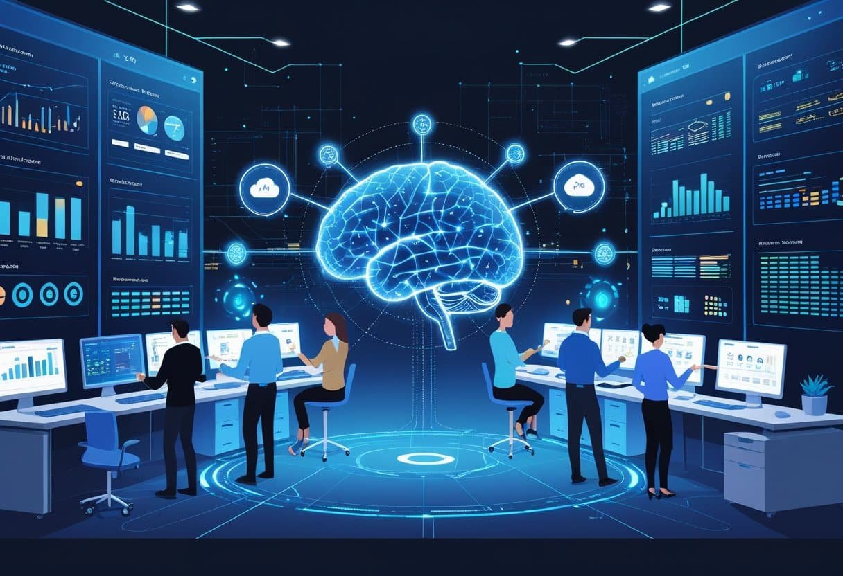 An office scene showing finance and IT professionals working with digital data dashboards, servers, and AI technology connected by a central holographic AI brain.