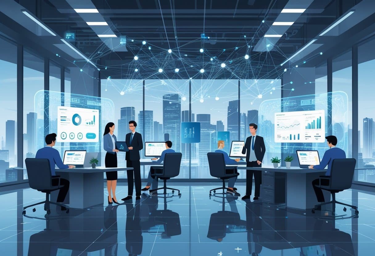 A group of finance and IT professionals collaborating with digital and holographic interfaces showing financial data and AI connections in a modern office.