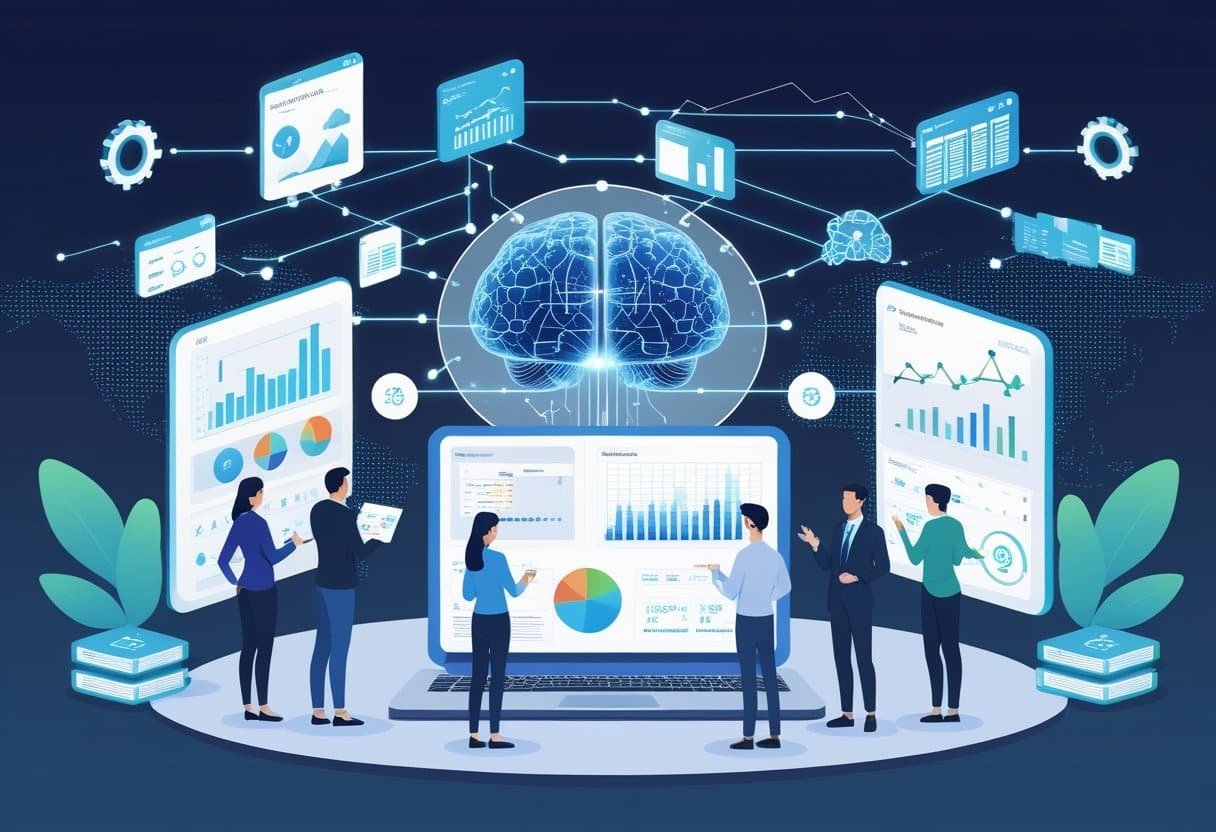 A modern office scene showing professionals working with digital data displays and AI technology connecting finance and IT elements.