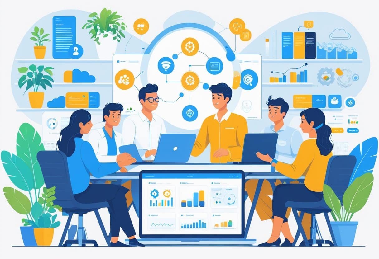 A small business team working together in a bright office using laptops and digital tools to improve their work.