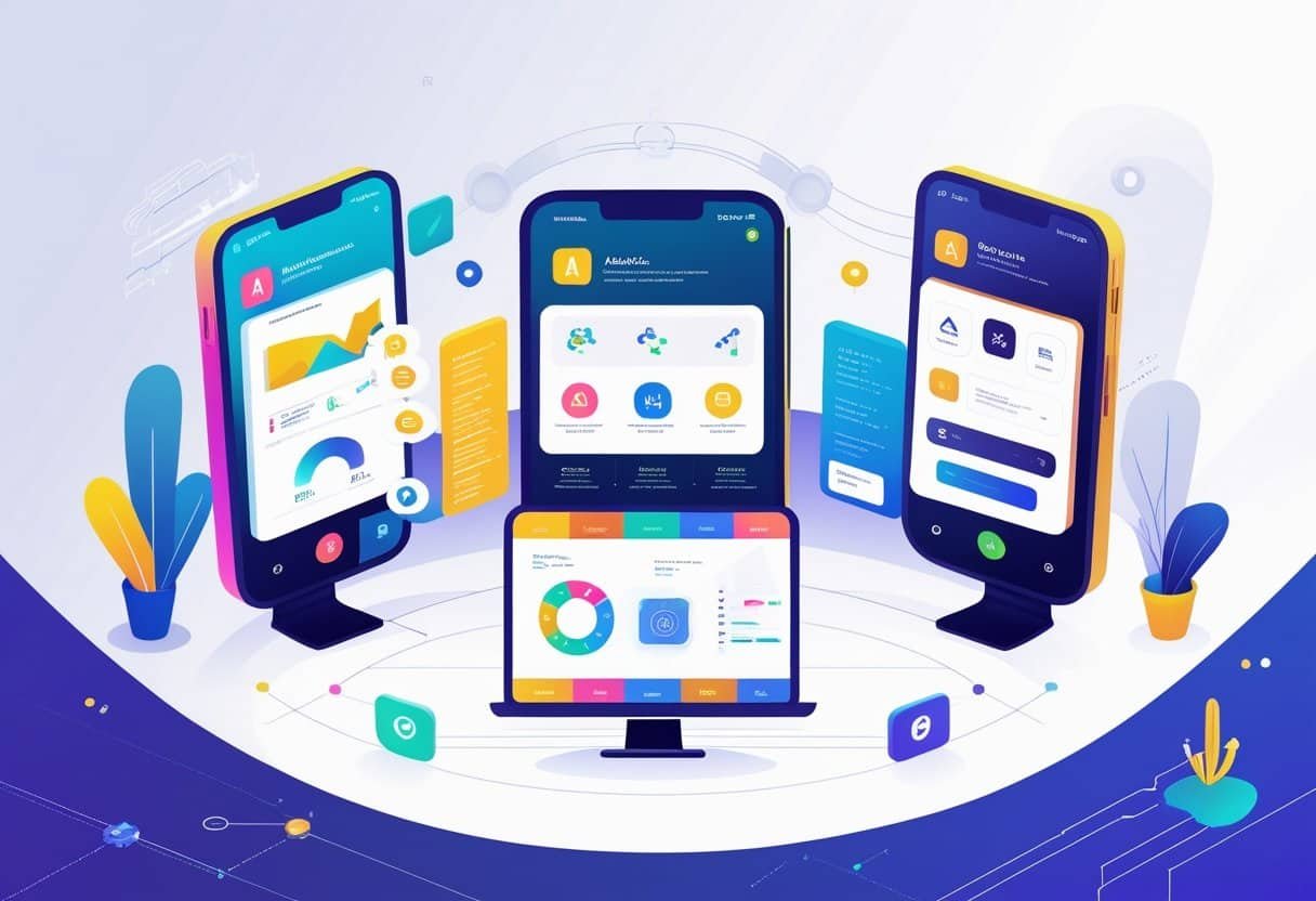 Five digital devices arranged in a semi-circle, each showing different features representing AI tools for small businesses, with abstract tech elements in the background.