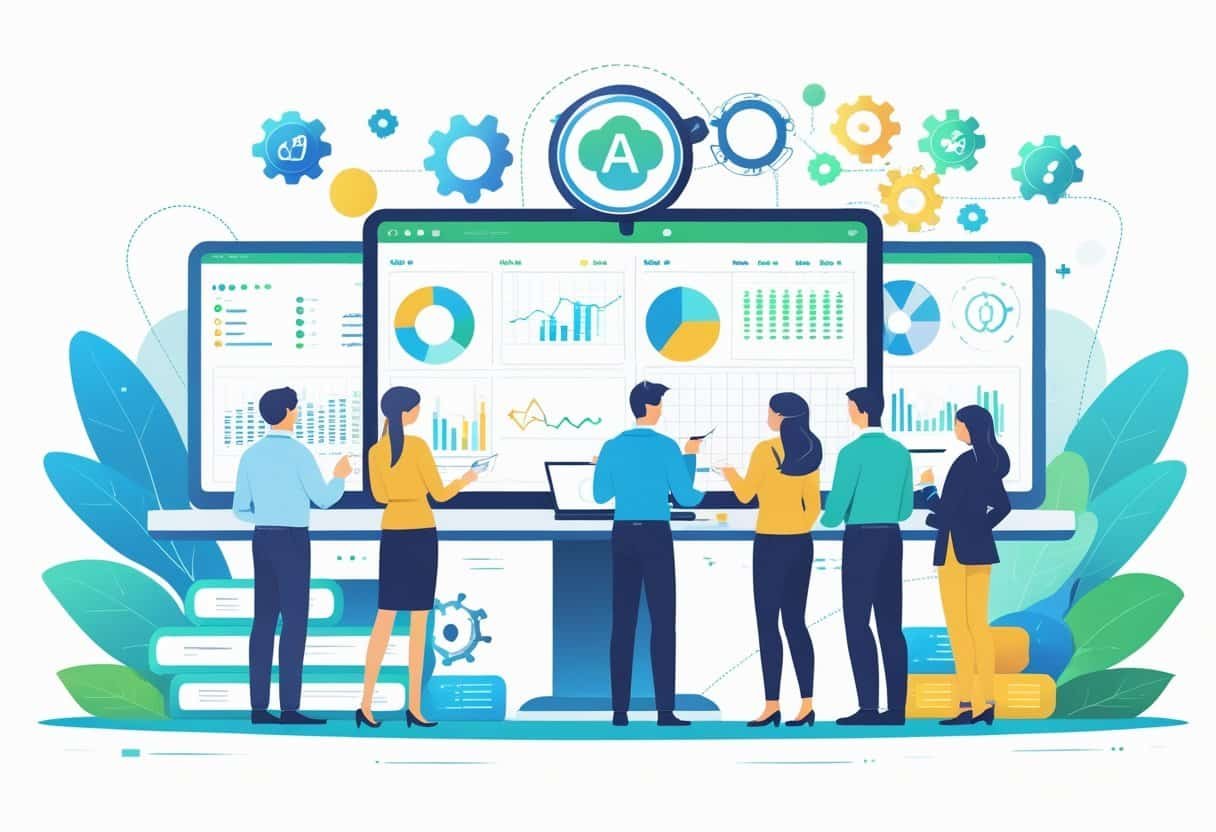 A group of business professionals collaborating around a workspace with laptops and digital dashboards showing graphs and AI-related icons.