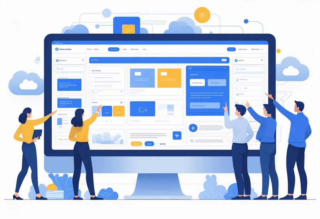 A group of professionals collaborating around a large screen displaying a website builder interface with drag-and-drop elements and customization options.