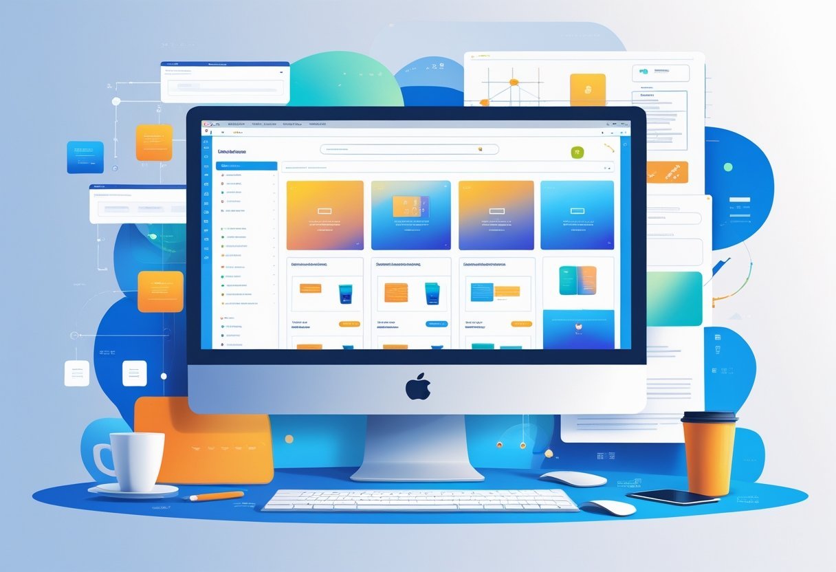 A workspace with a computer showing a partially built ecommerce website surrounded by design tools and business items.