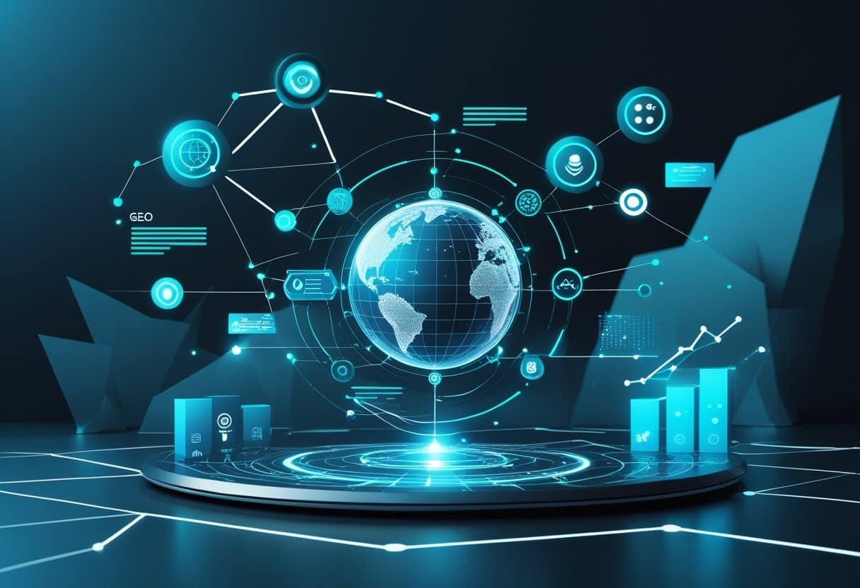 A futuristic digital workspace showing a holographic globe surrounded by icons and graphs connected by flowing lines, representing data integration and optimization.